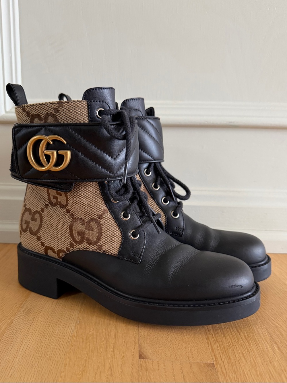 Gucci Black Leather & Brown GG Canvas Lace-Up Ankle Boots